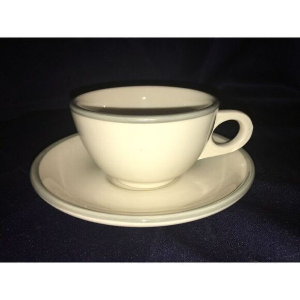 HLC Homer Laughlin China Espresso Cup Saucer Set Ivory Grey Rim‎